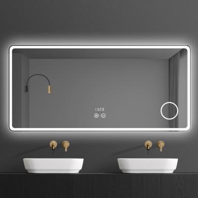 China Kamali Simple Design Custom Hotel Enlarging Luxury Rectangular Illuminated Defog Bathroom Glass LED Backlit Touch Smart Mirror for sale