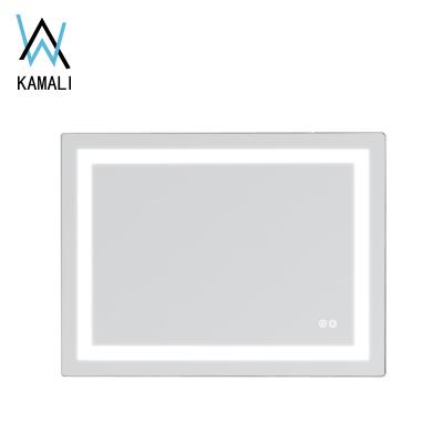 China Kamali Custom Size Modern Simple Design Hotel Magnifying Square Illuminated Bathroom LED Backlit Wall Mounted Touch Screen Smart Mirror for sale