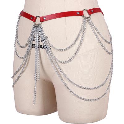 China Women Sexy Leather Metal Chain Belt Body Bondage Hiphop Harness Waist Chain for sale