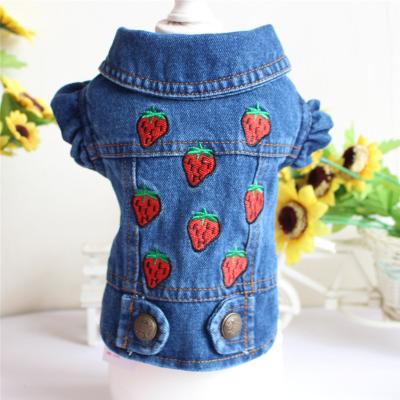 China Wholesale Viable Pet Clothes Fashion Strawberry Dog Jeans Jacket Vest For Small Puppies for sale