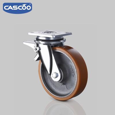 China Heavy Duty Trolleys CASCOO 200mm Heavy Duty 1 Ton Load Capacity Cast Iron Trolley PU Industrial Casters Wheel for sale