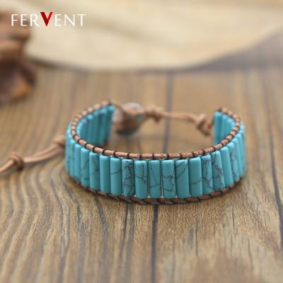 China Natural Stone Jewelry BOHEMIA Wrap Bracelet Boho Cylinder Bead Cylinder Wrap Bracelet Turquoise Leather Bracelet Leather Drop Shipping for sale