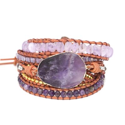 China Handmade Natural Amethyst Graduated Chinoiserie Stones Exquisite Charm 5X Leather Wrap Women Bracelet Boho Chic Jewelry for sale