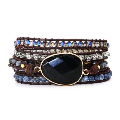 China Natural Stone Bracelet Fashion Wrap Bracelets For Women Men Vintage Black Onyx Bracelet Natural Stone Charm Leather Bracelet Jewelry for sale