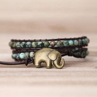 China Vintage Elephant Natural Stone Leather Bracelet Button Bangle Natural Stone Beads African Turquoise Wrap Bracelets Jewelry Accessories Women for sale