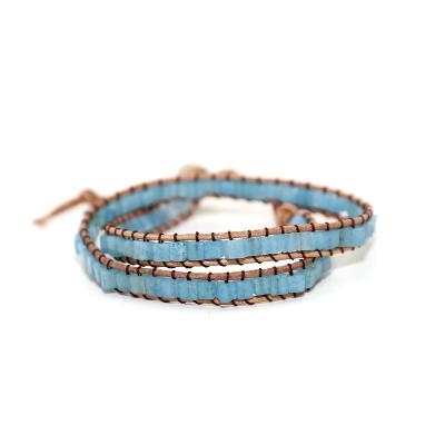 China Wholesale Blue Green Beaded Bracelet One 6mm Beads Wrap Bracelet New Design Handmade Wrap Leather Bracelet for sale