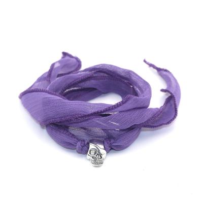 China 2016 New Arrival 10 Colors Of Sari Silk Ribbon Wrap Yoga Bracelet With Pirate Skull Charm Fashion Women Bracelet for sale