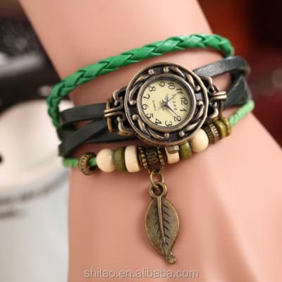 China Wholesale Yiwu Vintage Wrist Watch Strap Watch, Leaf Charm Leather Strap Watch for sale