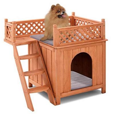 China Sustainable Wooden Dog House Dog Room Shelter With Stairs Raised Roof And Balcony Bed For Indoor And Outdoor Use Wooden Kennel for sale