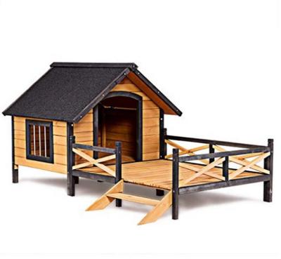 China Sustainable Wooden Kennel Cabin Style High Weather Dog House Waterproof Large Outdoor Lodge With Spacious Porch Deck for sale