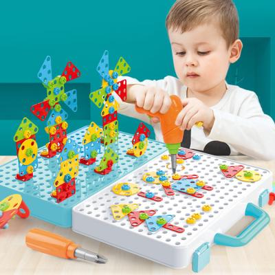 China Hot Eco-Friendly Kids Screw Toy Electric Drill Toolbox Start Assembling Puzzle Toy Boys Building Blocks Puzzle For Kids for sale