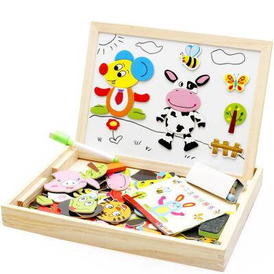 China Eco-friendly Cheap Jigsaw Educational Kids Toy Wooden Jigsaw Puzzle Animal Double Sided Magnetic Drawing Board Book Kids Toy for sale