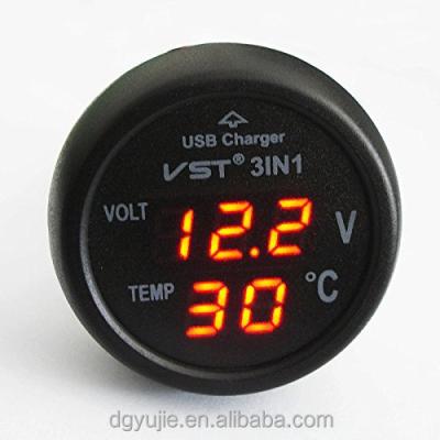 China Plastic Universal Red Cigarette Lighter Car USB Charger Digital LED Display Voltmeter Thermometer Left Auto Measure 3in1 12V-24V for sale