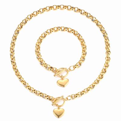 China Punk Stainless Steel Round Bone Link Chain Heart Jewelry Sets For Women Toggle Bracelet Necklace Sets for sale