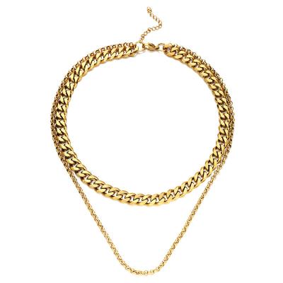 China Simple Punk Stainless Steel Gold Plated Cuban Chunky Necklace Twist Chain Double Layer Chain Necklace for sale