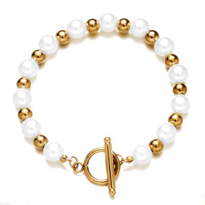 China Delicate Stainless Steel Bangle Gold Plated Handmade Jewelry Women Toggle Stainless Steel Bangle OT Baroque Pearl Bangle for sale