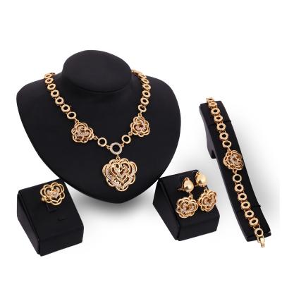 China Wholeseller Romantic Gold Heart Three Rose Flowers Pendant Charm Jewelry Set Bridal Jewelry Accessory Dubai for sale