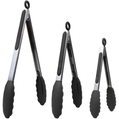 China Sustainable Silicone Cookware Utensil Sets 3 Pcs Stainless Steel Kitchen Tongs With Silicone Tips for sale