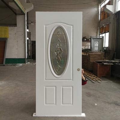 China Modern white primed steel entry door with oval glass for sale