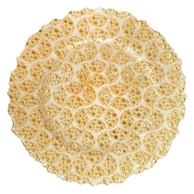 China Viable Gold Floral Charger Plates 13 Inches Vintage Fashion Style Elegant Decoration Table Baroque Glass Charger Dish for sale