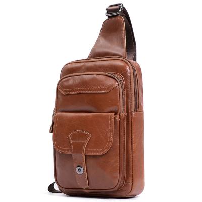 China Leather trunk bag men sports logo shoulder bag body pack small sling simple waterproof cross travel daily bag custom for sale