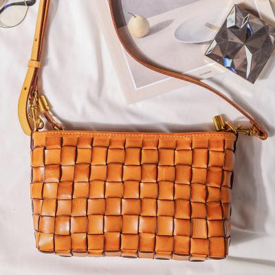 China 2021 Vintage Women Weave Square Tote Bags High Quality Genuine Designer Brown Handbag Luxury Brand Shoulder Leather Handbags for sale