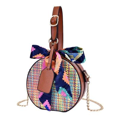 China Factory Summer Fashion Southeast Asian Women Handbag Straw Bag Scarf Tote Bohemian Shoulder Bag For Small Round Bag Fashion for sale