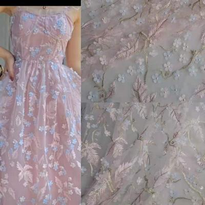 China HG0356 Gold Yarn Branch Plum Blossom Laser Applique Lace Wedding Dress Lace Fabric High Quality Breathable for sale