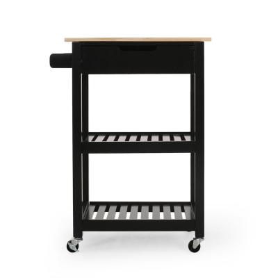 China Customized Black Rubber Wood Top Kitchen Furniture Island And Storage Trolley Carts Cabinet With Wheels And 1 Drawer for sale