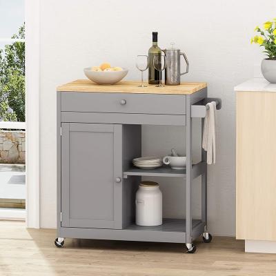 China Customized Light Gray Kitchen Furniture Island And Trolley Storage Carts With Storage Cabinet Rubber Wood Top With Wheels for sale