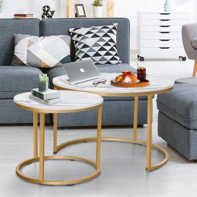 China Customized Round Side View Circular Pattern 2 and Marble Pattern Living Room Furniture Set Gold Wood Modern Furniture Round Coffee Table Set for sale