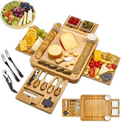 China Customized 4 Drawer Magnetic Natural Bamboo Cheese Board Set And Knife Set For Kitchen Round Tray, 2 Forks for sale