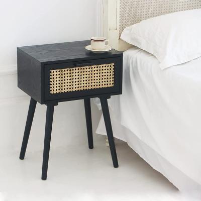 China Customized modern black rattan nightstands furniture with 1 rattan drawer and small space for bedroom for sale