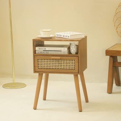 China Customized Modern Wooden Small End Table Rattan Nightstands Bedside Table Organizer Furniture For Bedroom for sale