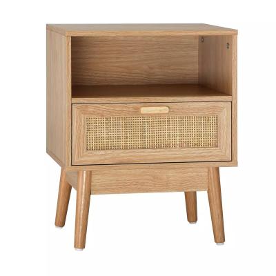 China Customized Wooden Rattan Nightstands Bedside Table Furniture with 1 Rattan Drawer and Open Space for Bedroom for sale