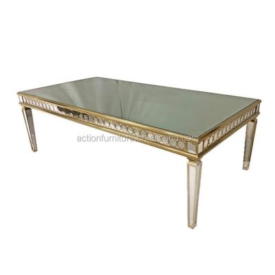 China Wholesale Modern Gold Stainless Steel Convertible With Glass Mirror Top Wedding Dining Table For Banquet Hotel for sale