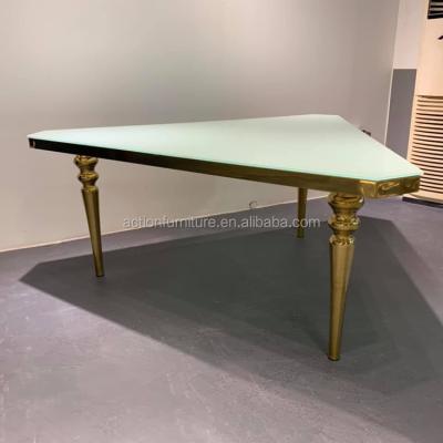 China High Quality Convertible Gold Stainless Steel Triangle Banquet Table Wedding Hotel Table for sale