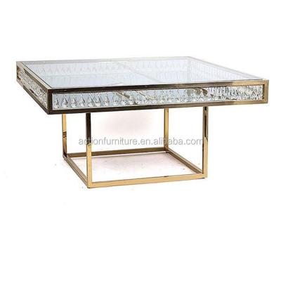 China Hot Sale Wedding Furniture Stainless Steel Convertible Square Table With Crystal Glass Top For Wedding Party Banquet Hotel Dining for sale