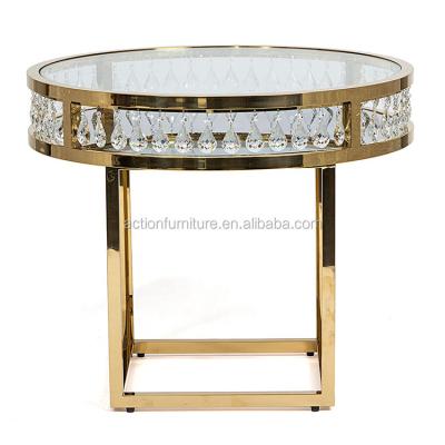 China Convertible Luxury Romantic Royal Throne Gold Stainless Steel Crystal Wedding Table And Chairs Set Cake Table Flower Table for sale