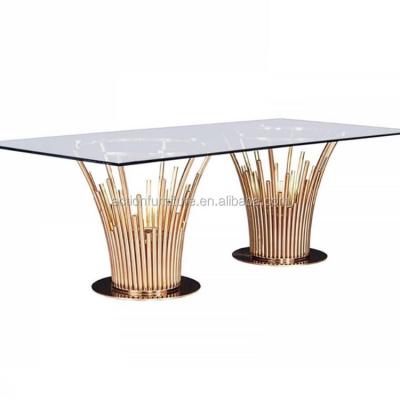 China Metal Base Convertible Customization Stainless Steel With Round Glass Marble Top Wedding Table Chairs Set Hotel Home Dining Table for sale