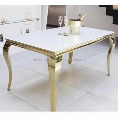 China Laser Cutting Nordic Stainless Steel Dining and Banquet Table Low Tables with 6 Chairs for Wedding and Event for sale