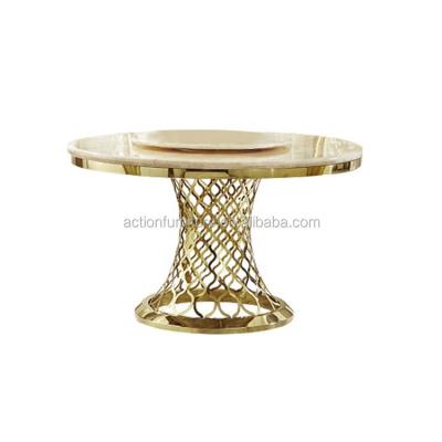 China Laser Cutting Stainless Steel Round Center Dining Sets Metal Base Revolving Glass Top Dining Tables for sale