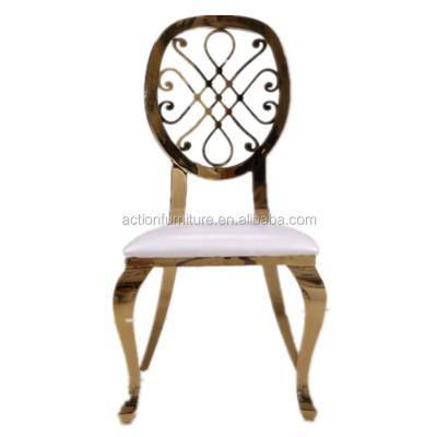 China Laser Cut Round Back Stacking Stainless Steel Gold Leather Wedding Chair For Sale for sale