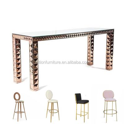 China Antique Metal Counter Table Reception Bar Restaurant Laser Cut Metal Stainless Steel with Glass Top Mirror Wedding Bar Table and Chairs for sale