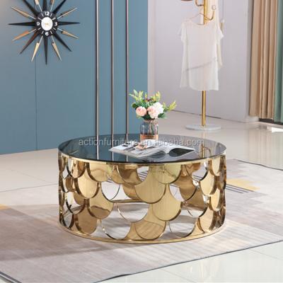 China Wholesale Modern Round Modern Italian Coffee Table Extendable New Design Gold Stainless Steel Glass Top Table For Living Room for sale