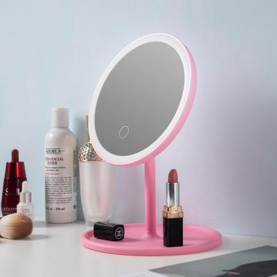 China Lighted Rechargeable 3 Color Lighted And Adjustable Rotation Make Up Mirror LED Desktop Cosmetic Mirror for sale