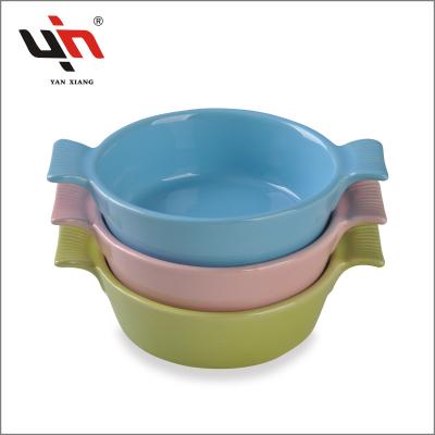 China Sustainable Ceramic Mini Round Baking Dish With Small Handle Bakeware Set for sale