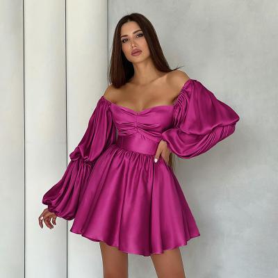 China Washable Neck Frill Trim Dress  Puff sleeve satin Sexy Pink satin dress women for sale