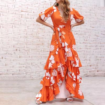 China Dry Cleaning New trend Bohemian dresses summer casual floral print long chiffon ruffle casual dresses bohemian for sale