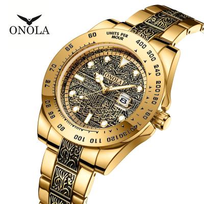 China High Quality Men's Gold Watches Retro Luxury Gold Men's Stainless Steel Date Automatic Business Casual Dress ONOLA Brand Watch for sale